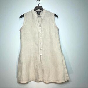 ISHYU Women's 100% Linen Sleeveless Top Tunic Button-up V-Neck Size Medium